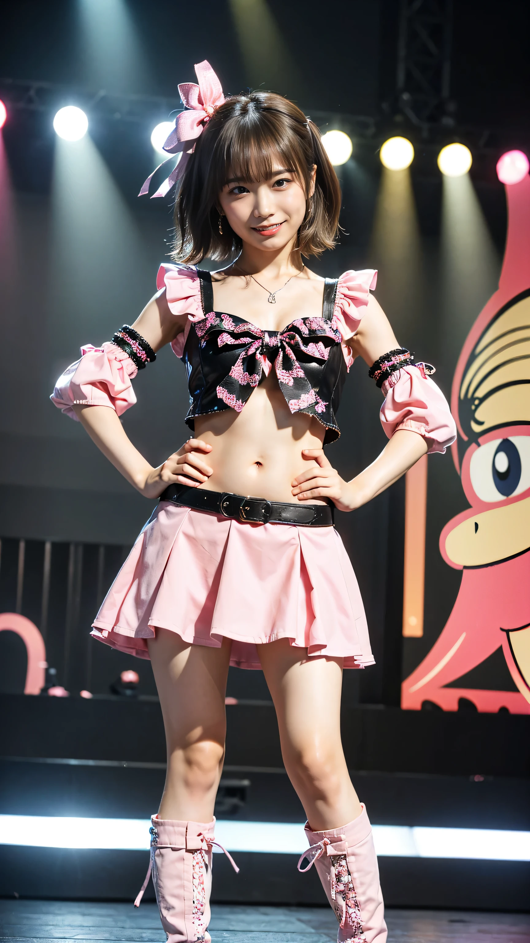 (8k、RAW Photos、highest quality、masterpiece:1.2)、(Realistic、Realistic)、1 girl、((Belly button、smile、Ribbon on chest、Pink and black miniskirt、boots、Big Chest Hair、View from the front、stage、Spotlight、Standing with hands on hips))、Lots of eyelashes、Glowing eyelids、skeletally correct