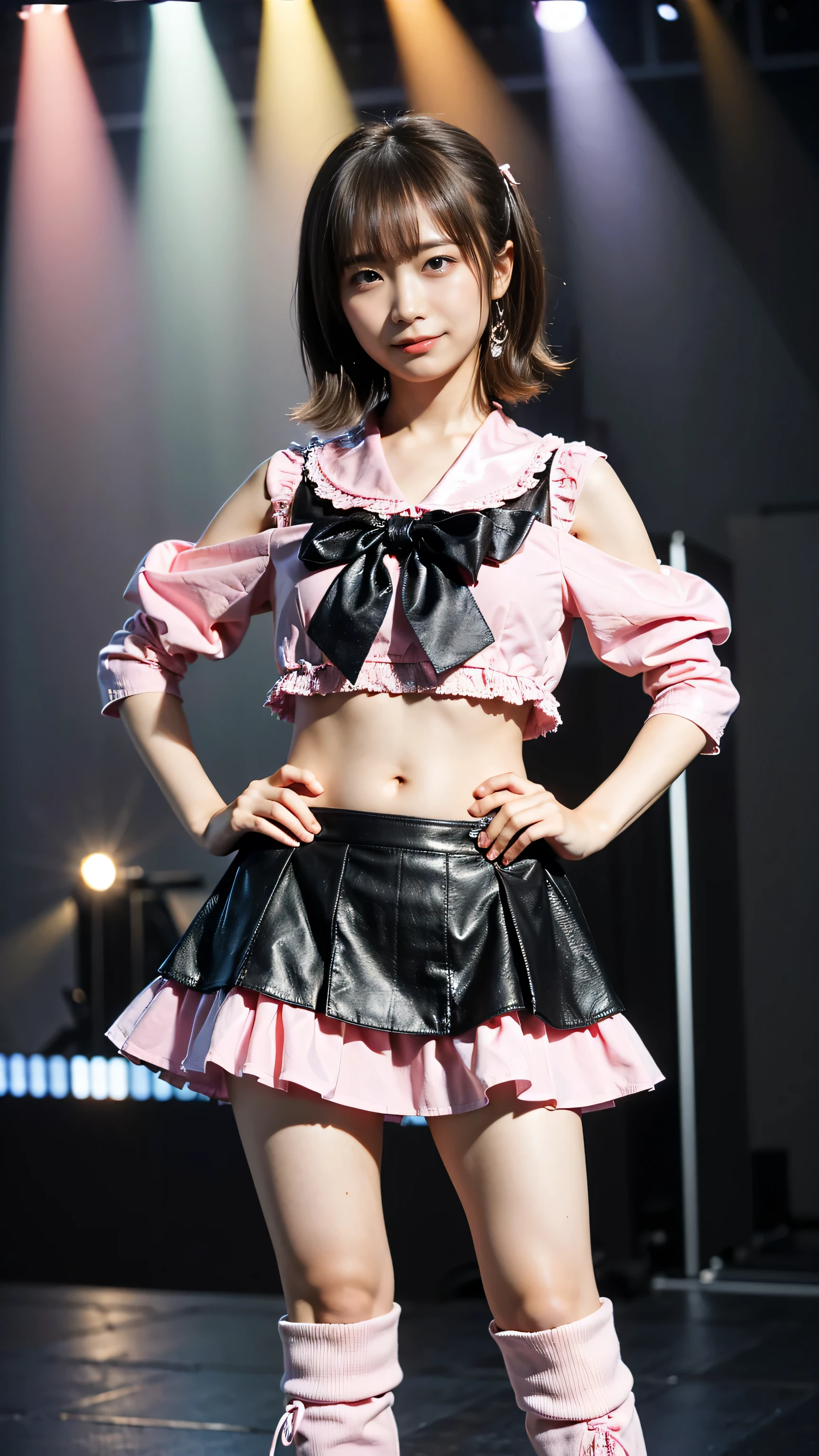 (8k、RAW Photos、highest quality、masterpiece:1.2)、(Realistic、Realistic)、1 girl、((Belly button、smile、Ribbon on chest、Pink and black miniskirt、boots、Big Chest Hair、View from the front、stage、Spotlight、Standing with hands on hips))、Lots of eyelashes、Glowing eyelids、skeletally correct