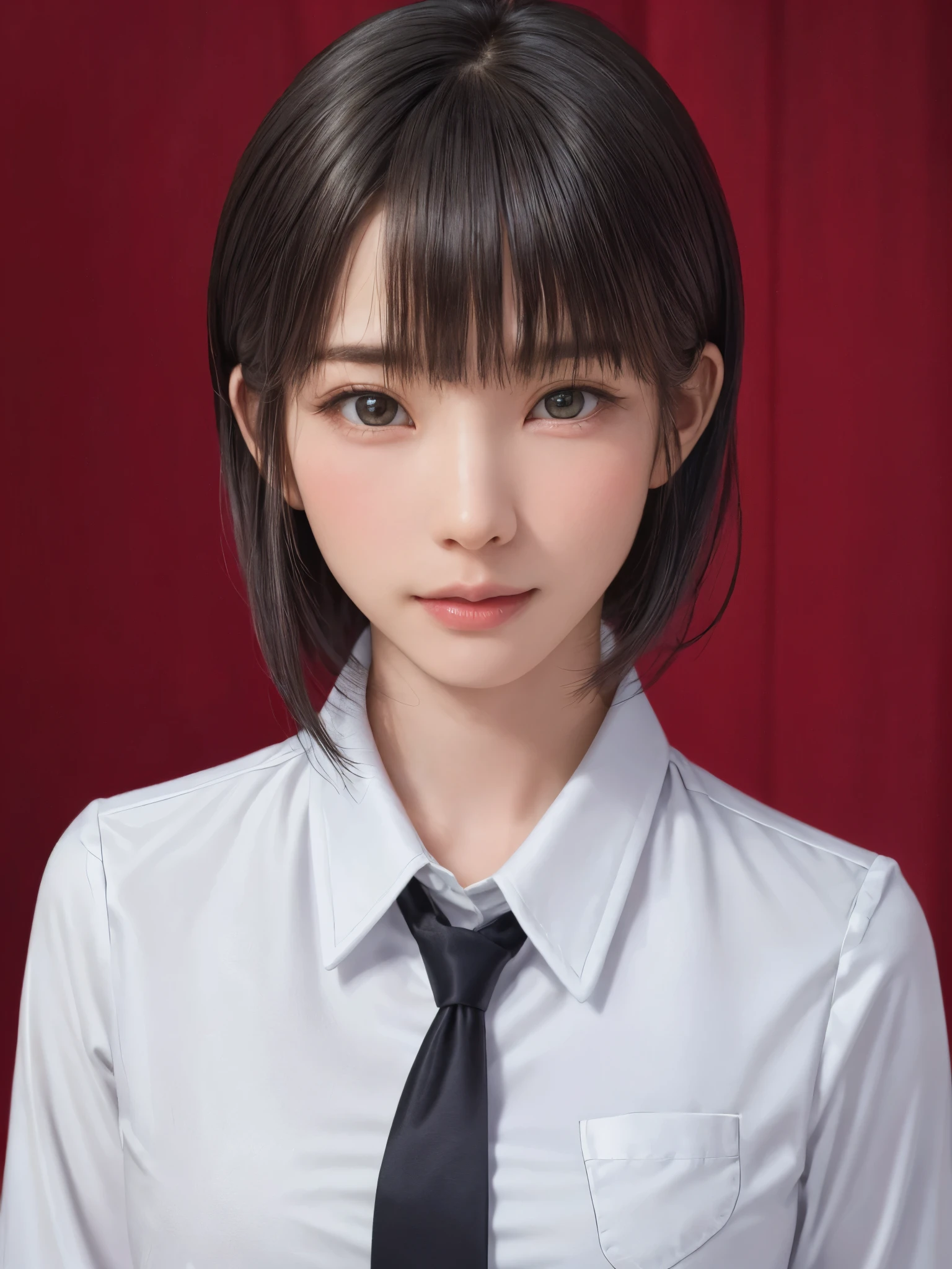 (masterpiece:1.3), (Realistic, RAW Photos, highest quality: 1.4), (One Girl), Beautiful Face, (超Realistic Face、シンメトリーのBeautiful Face), (Short black hair, short hair:1.6、bangs:1.3、Show off your beautiful ears), Beautiful hairstyle, (Realistic eyes), Beautiful details, Long eyelashes, (Realistic Skin), Beautiful Skin, [Big Breasts:1.3], (Perfect body:1.3), (Detailed body:1.2), (tie), (Collared shirt, Pleated skirt:1.3), Absurd, charm, Ultra-high resolution, Ultra-realistic, Very detailed, Golden Ratio,Very cute beautiful woman、28 years old