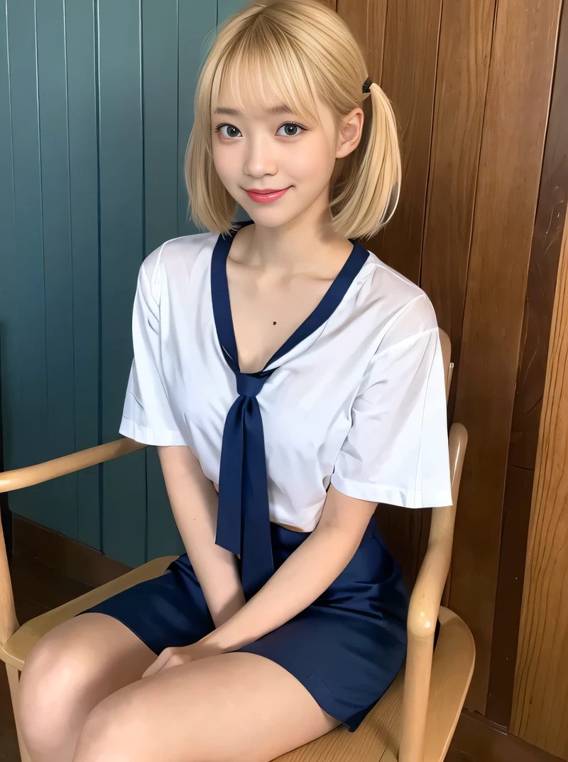 (highest quality、Blonde、8k、32k、masterpiece、Hmph:1.2)、sexy、17 years old、Cute Japanese Women Photos、Twin tails、thin、slender、(Bobcut)、(Small Tits)、double eyelid、 Red open front shirt、Navy blue tie、You can see her underwear faintly、Red mini skirt、Thighs、Light blue wall、whole body、smile、sexy、Sitting in a chair、Thighs are visible