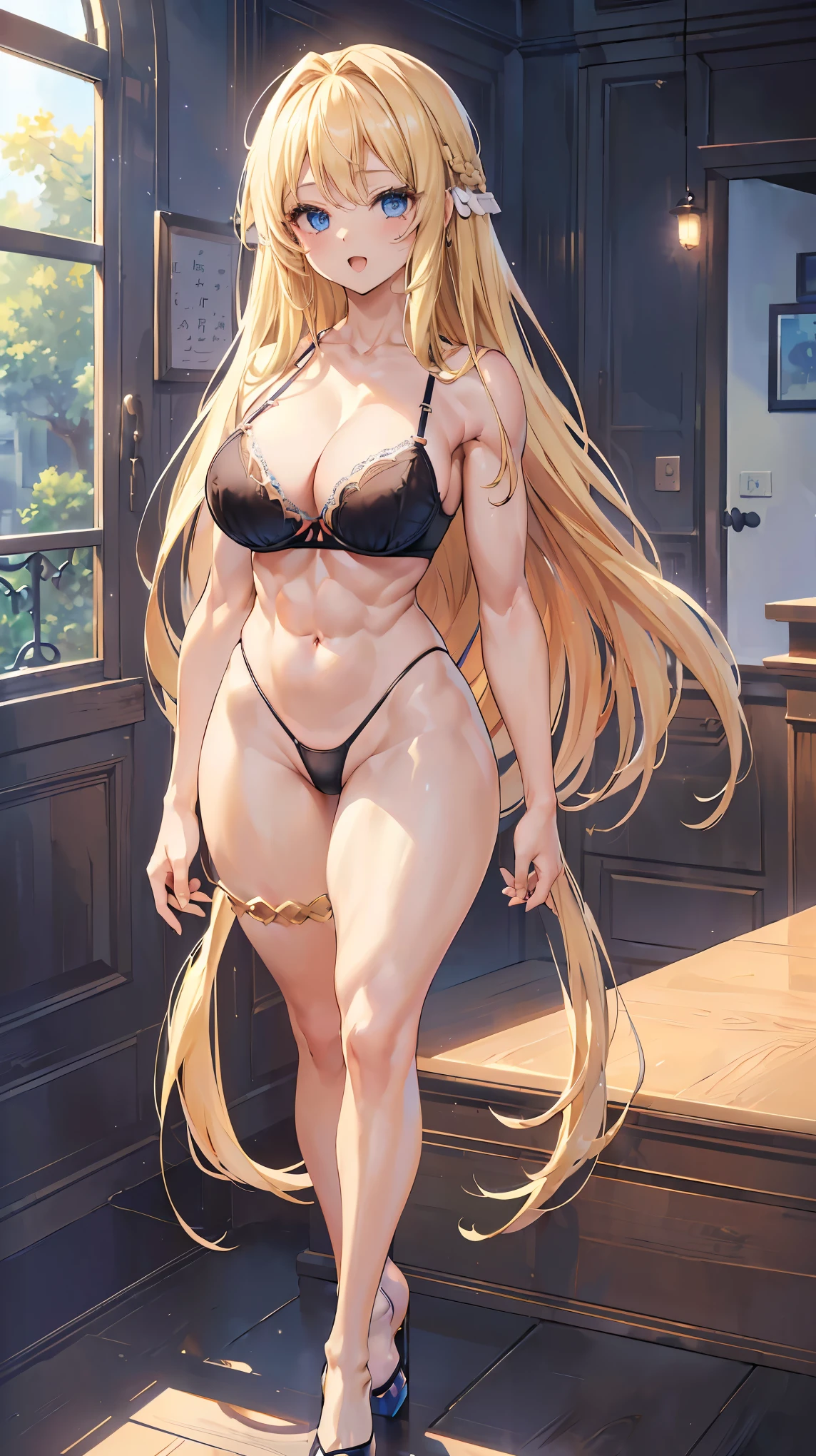 Very detailed、highest quality、Best image quality、masterpiece、8k、Anime Face、A kind smile、(Open your mouth:1.3)、Sparkling blue eyes、(Blonde semi-long hair:1.5)、(Muscles of the whole body)、(High leg panties:2.0)、Thigh belt、(Upper body photo:1.7)、(SFW Giant)、(Thick body:1.2)、(bra:1.5)