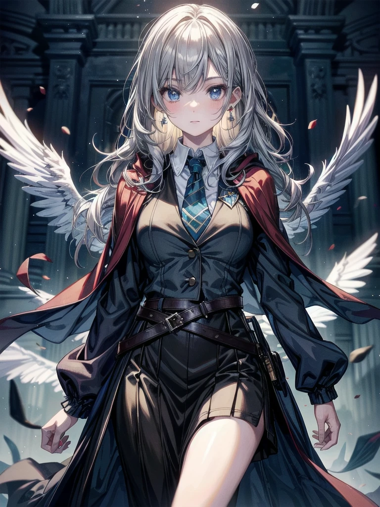 whole body, hogwarts teacher, ravenclaw, necktie, cloak, absurdres, RAW photo, extremely delicate and beautiful, masterpiece, Best Quality, ultra high resolution, 32k, hyperrealistic, ultra-detailed, detailed description, pale skin, 20 years old, detailed beautiful face and eyes, tearful mole, earring, Colossal tits, short medium hair, wavy hair,