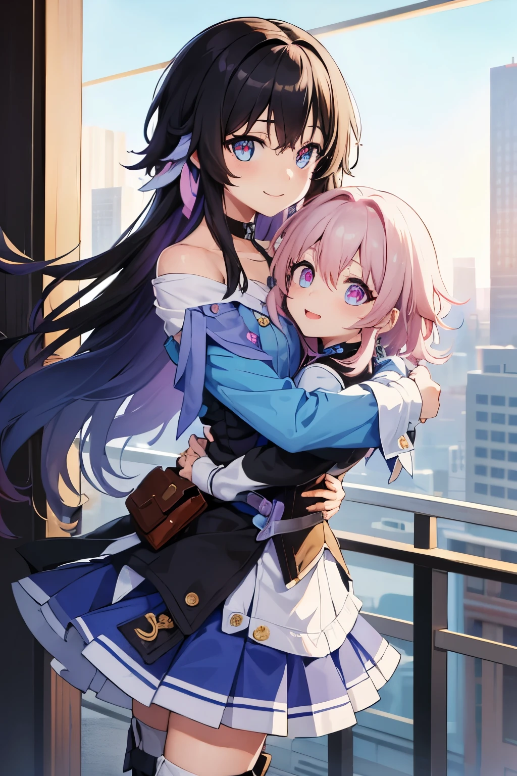 (masterpiece), best quality, expressive eyes, perfect face, 1 girl, march seventh, blue eyes, hair between eyes, medium hair, pink eyes, pink hair, two-tone eyes, ankle boots, archery shooting glove, badge, bare legs, black choker, black corset, black footwear, black gloves, blue jacket, blue skirt, boots, button badge, buttons, choker, collarbone, corset, earrings, flower ornament, gloves, high heel boots, high heels, jacket, jewelry, long sleeves, miniskirt, partially fingerless gloves, pleated skirt, shirt, single earring, single glove, skirt, thigh strap, tied jacket, underbust, white shirt, smiling, city, background, futuristic city, standing, upper body, portrait, looking at the viewer, (kirito, black hair, 1boy, Handsome), hug, boy&girl
