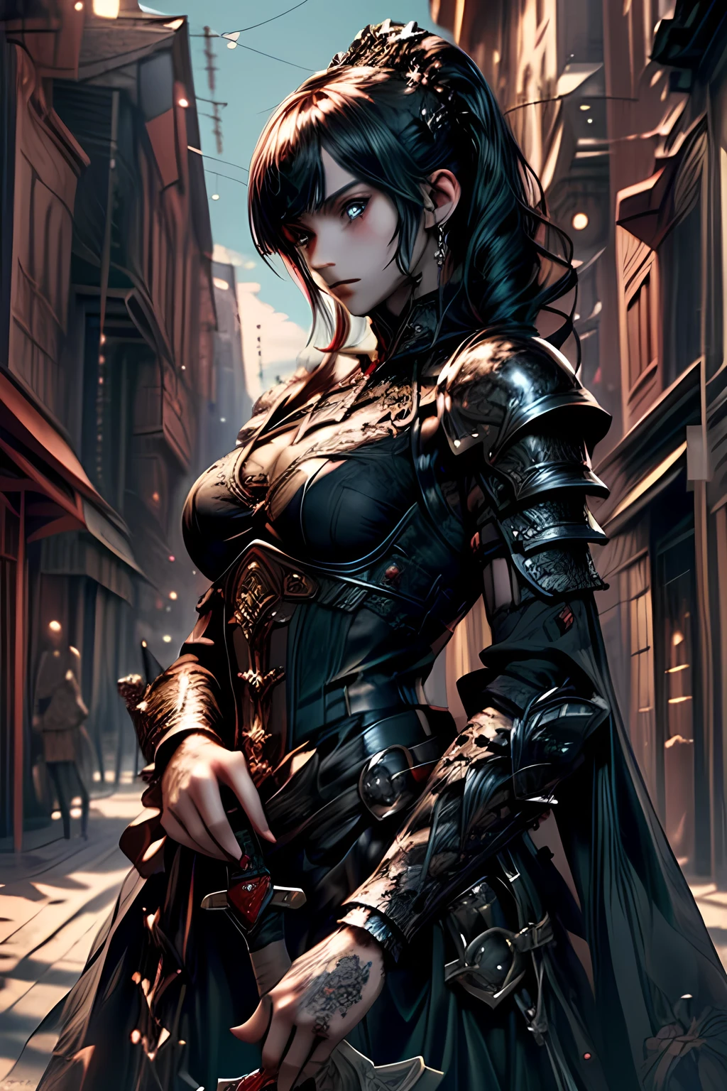 Arafed, dark fantasy art, gothic art, a picturק of a vampire ready for battle, female vampire, armed with a sword, wearing heavy armor , armed with a sword, shining sword, ultra detailed face (intricate detailed, Masterpiece, best quality: 1.4), pale skin, glowing eyes, red eyes, ultra feminine, pale skin, dynamic hair, dark fantasy urban street (intricate detailed, Masterpiece, best quality: 1.4), moon light, star light, clouds, armored_dress, swordup