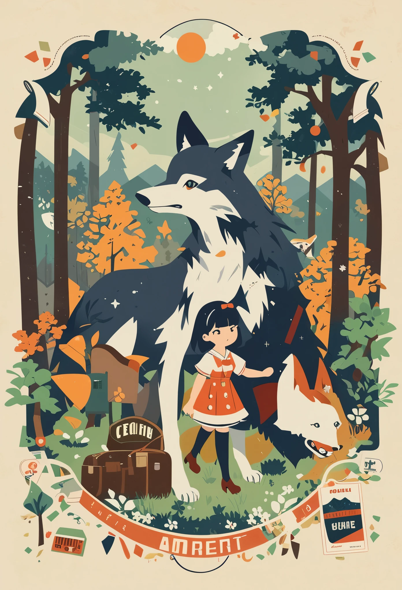ephemera, label, retro, Vintage, A girl and a wolf meet in the forest, flat Design, vector illustrations, graphic illustration, detailed 2d illustration, flat illustration, digital illustration, digital artwork,