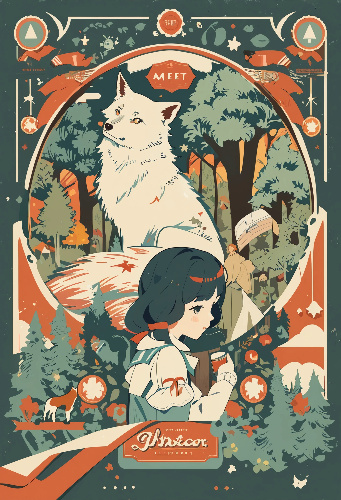 ephemera, label, retro, Vintage, A girl and a wolf meet in the forest, flat Design, vector illustrations, graphic illustration, detailed 2d illustration, flat illustration, digital illustration, digital artwork,