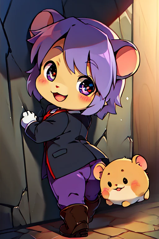 boy, hamster, furry, bodyfur, blazer, bottomless, purple tights, gloves, boots, chibi, happy, sparkling eyes, from behind, standing, against wall, facing away, outstretched hand, looking back