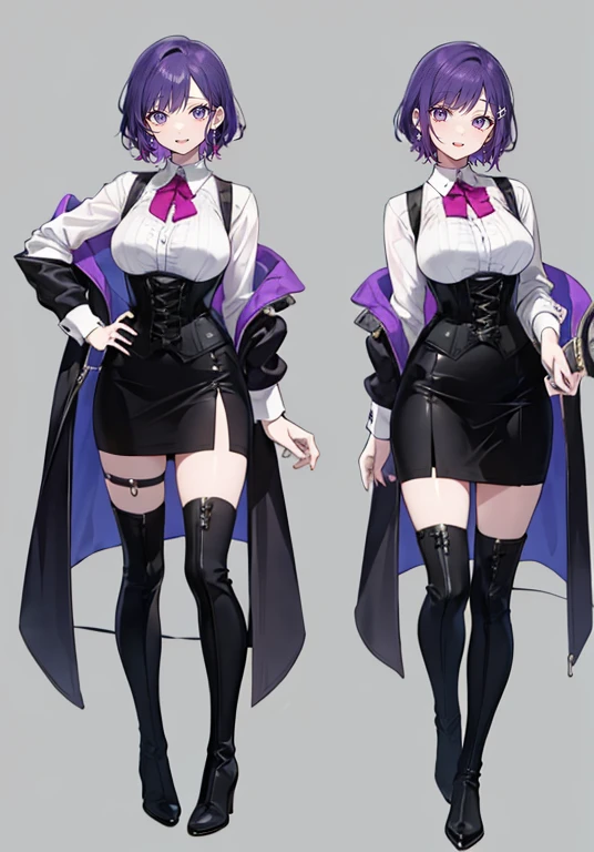 Purple hair,Shortcuts,Adult female,Bartender,((Rolling up your sleeves shirt)),(Corset),(Tight skirt),(boots),((Simple background)),Smile,((Full body)),((whole body)),Character Sheet,
