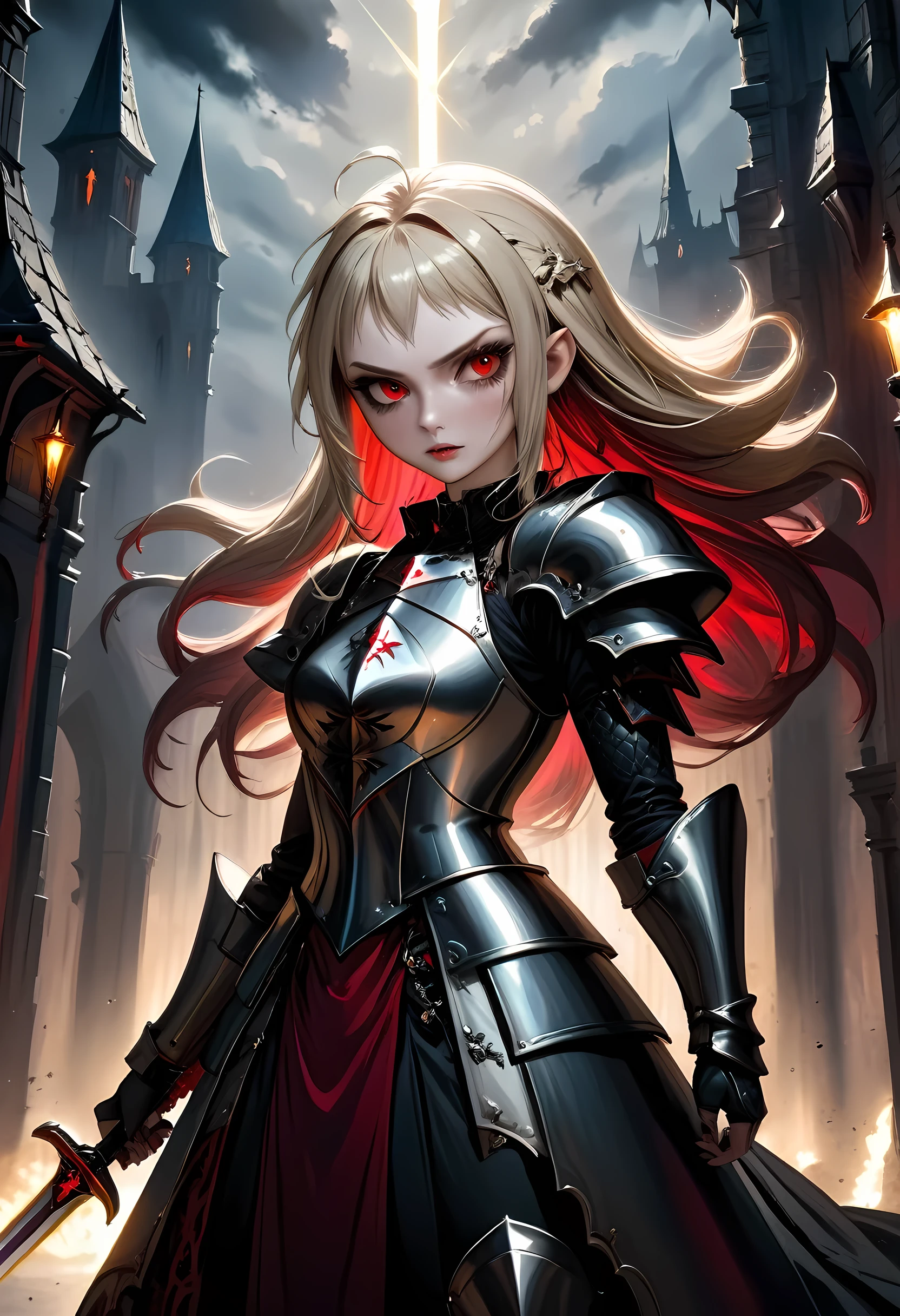 Arafed, dark fantasy art, gothic art, a picture of a vampire ready for battle, female vampire, armed with a sword, wearing heavy armor, (white armor: 1.3) with intricate (white: 1.3) (lace: 1.4) armed with a sword, shining sword, ultra detailed face (intricate detailed, Masterpiece, best quality: 1.4), pale skin, glowing eyes, red eyes, ultra feminine, pale skin, dynamic hair, dark fantasy urban street (intricate detailed, Masterpiece, best quality: 1.4), moon light, star light, clouds, armored_dress, watercolor, Dark Novel