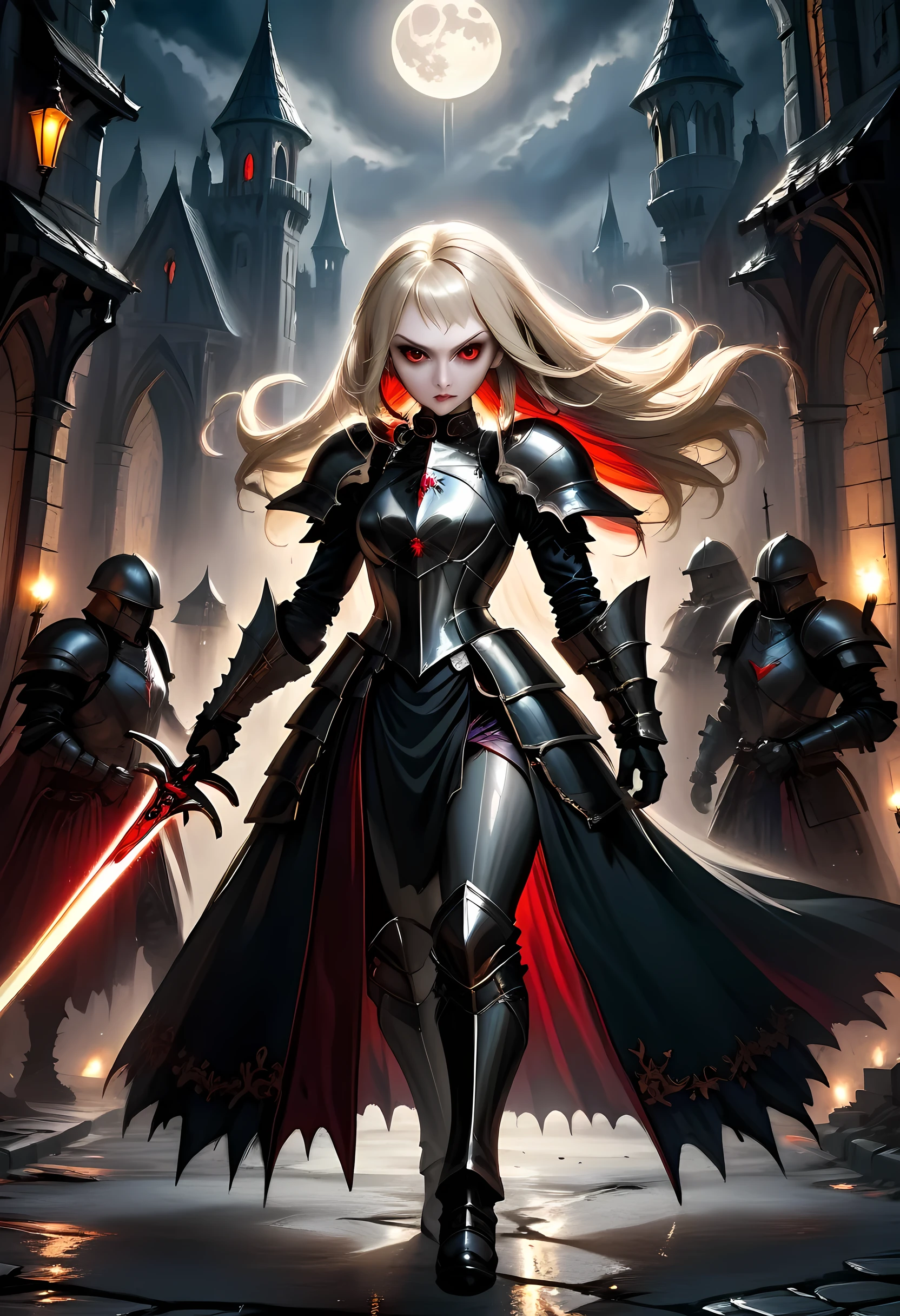 Arafed, dark fantasy art, gothic art, a picturק of a vampire ready for battle, female vampire, armed with a sword, wearing heavy armor , armed with a sword, shining sword, ultra detailed face (intricate detailed, Masterpiece, best quality: 1.4), pale skin, glowing eyes, red eyes, ultra feminine, pale skin, dynamic hair, dark fantasy urban street (intricate detailed, Masterpiece, best quality: 1.4), moon light, star light, clouds, armored_dress