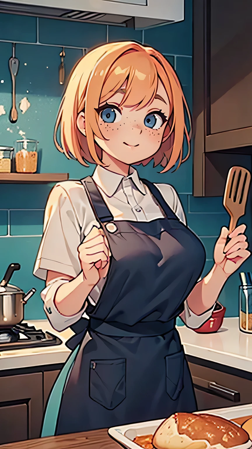 close-up portrait of a , Classic Bob, apron, Great body, Female-specific characteristics, Big Breasts, kitchen, [Ash Blonde | Ginger | Pink Hair], freckles, flirting in front of the camera
