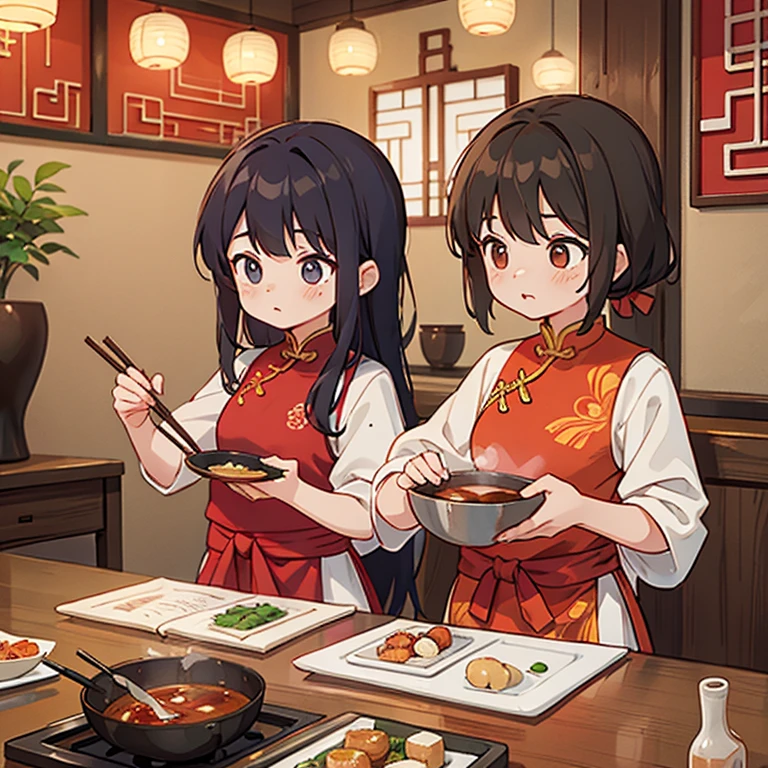 Using a wok at a Chinese restaurant､Girls in Chinese dresses cooking