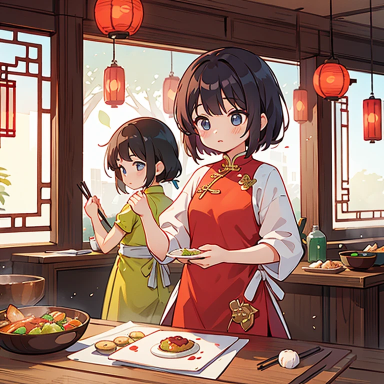 Using a wok at a Chinese restaurant、Girls in Chinese dresses cooking