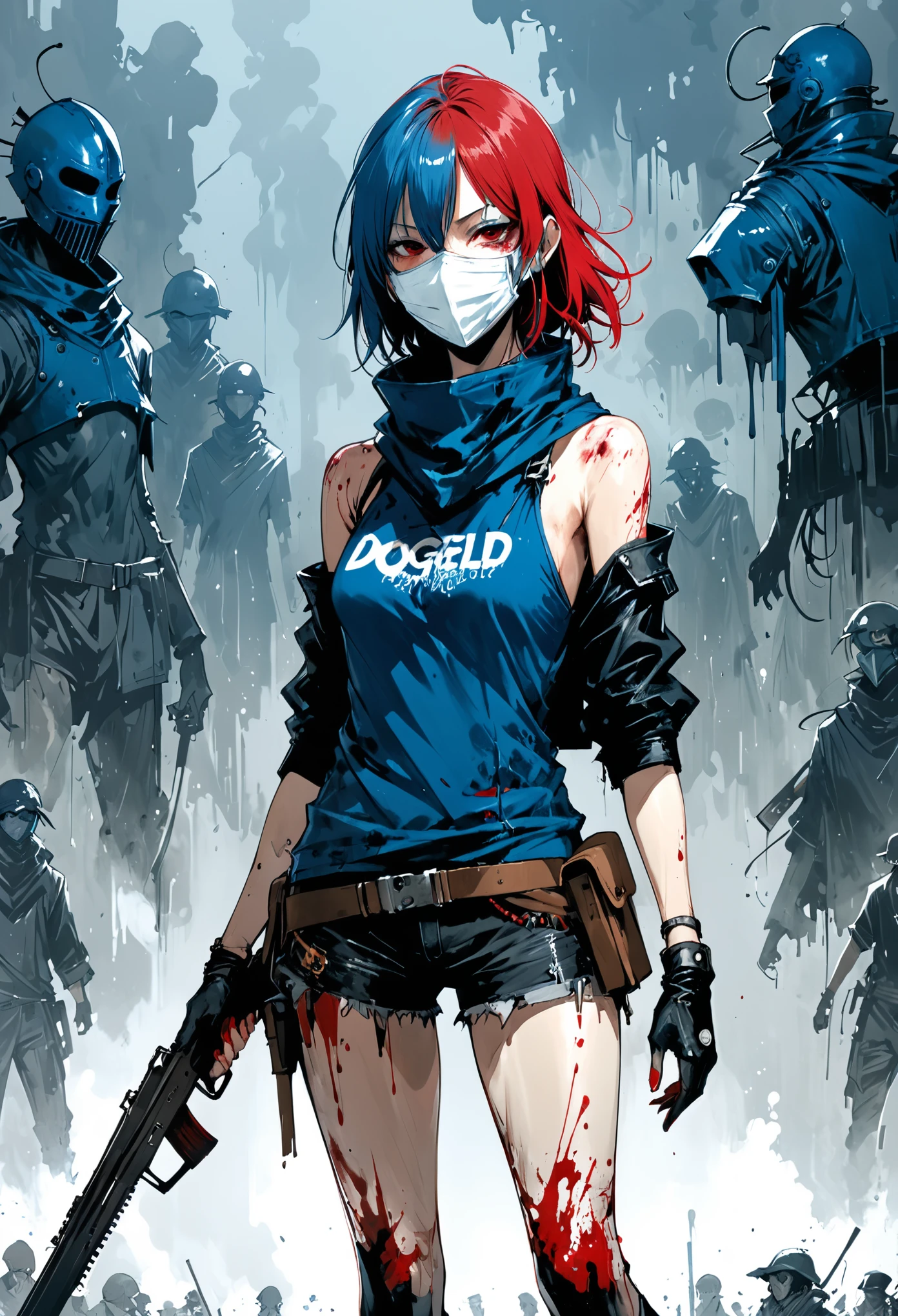 in style of Takeshi Obata,in style of Ashley Wood，1 Girl,Character Design and the End of the World,cowboy shot,indianred,dodgerblue,bloody mask,everywhere bleeding,horrble