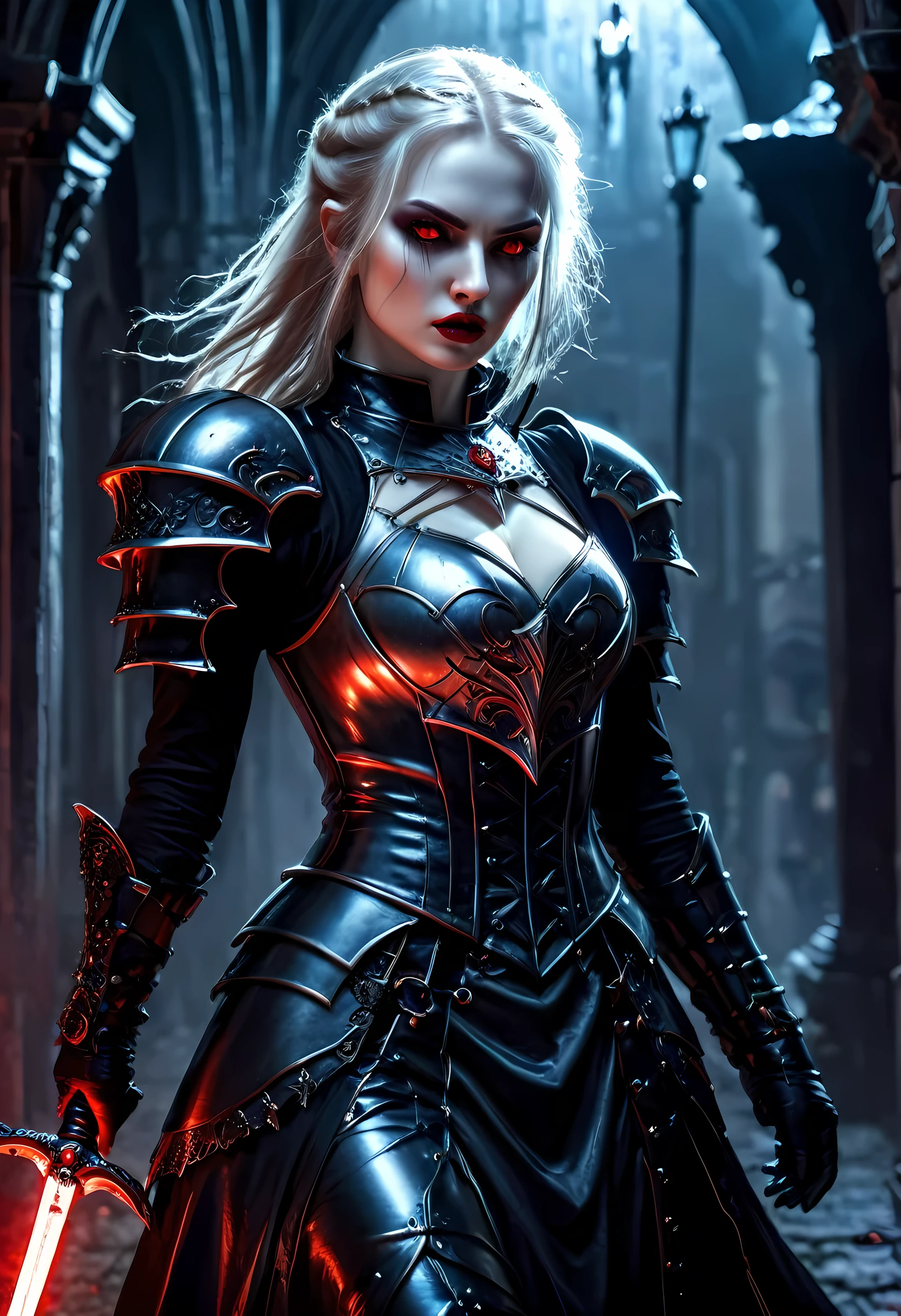 Arafed, dark fantasy art, gothic art, a picturק of a vampire ready for battle, female vampire, armed with a sword, wearing heavy armor , armed with a sword, shining sword, ultra detailed face (intricate detailed, Masterpiece, best quality: 1.4), pale skin, glowing eyes, red eyes, ultra feminine, pale skin, dynamic hair, dark fantasy urban street (intricate detailed, Masterpiece, best quality: 1.4), moon light, star light, clouds, armored_dress
