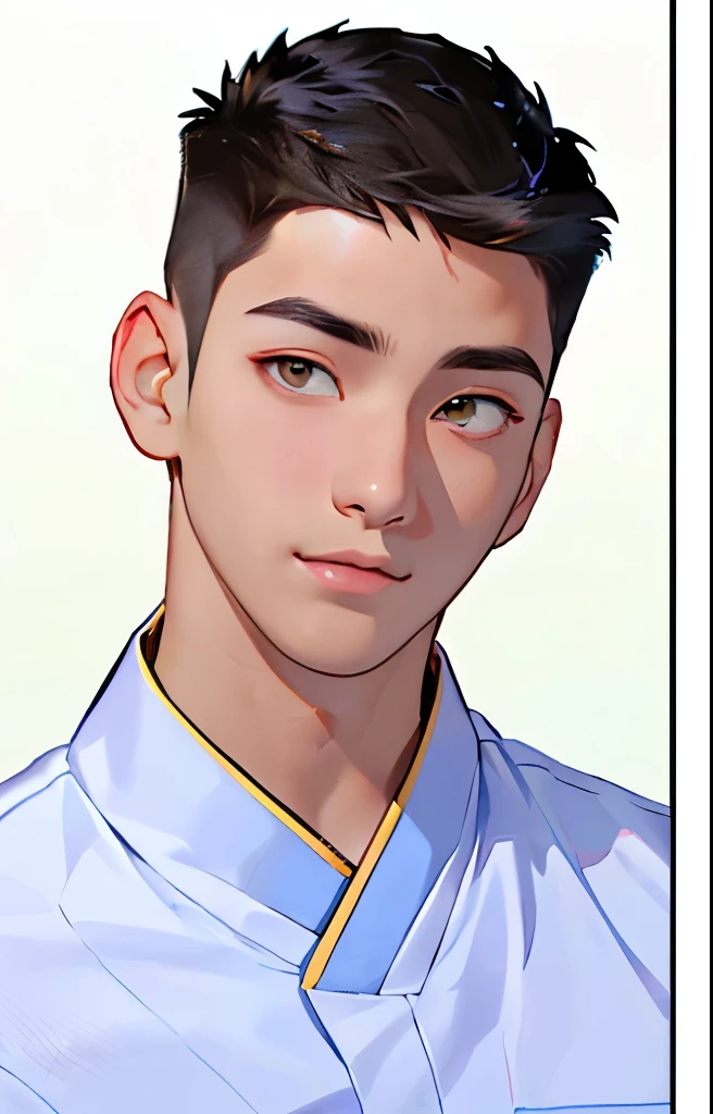 Close-up of a man in a white short-sleeved shirt looking at the camera, Buzz cut，Baldhead。short hair，Monk head，Asian Men, Handsome, User Photos, Korean male, 18 years old, 1 7-year-old boy facelift, Cartoon，Cute boy