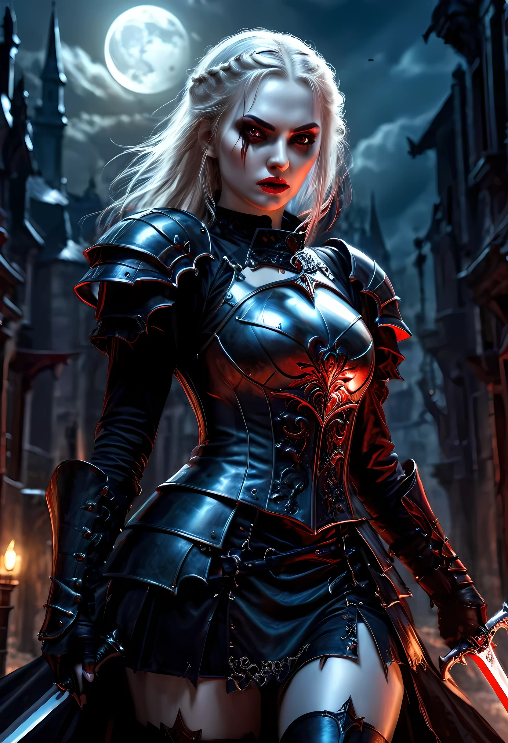 Arafed, dark fantasy art, gothic art, a picturק of a vampire ready for battle, female vampire, armed with a sword, wearing heavy armor , armed with a sword, shining sword, ultra detailed face (intricate detailed, Masterpiece, best quality: 1.4), pale skin, glowing eyes, red eyes, ultra feminine, pale skin, dynamic hair, dark fantasy urban street (intricate detailed, Masterpiece, best quality: 1.4), moon light, star light, clouds, armored_dress