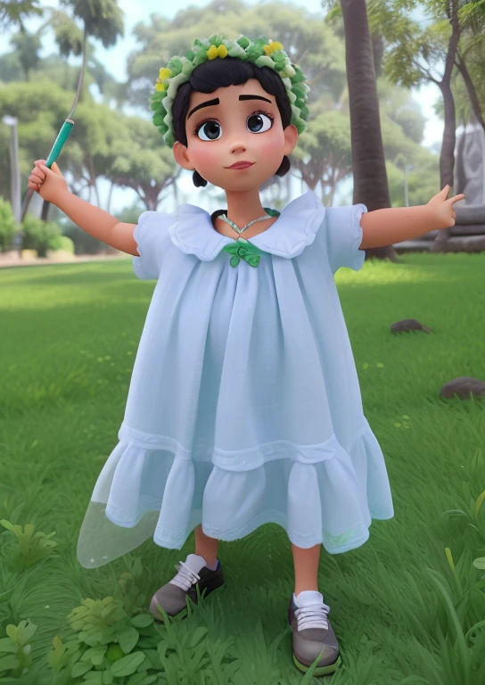 Colocar a imagem com o rosto selecionado, olhos castanhos, em um corpo inteiro com um vestido verde