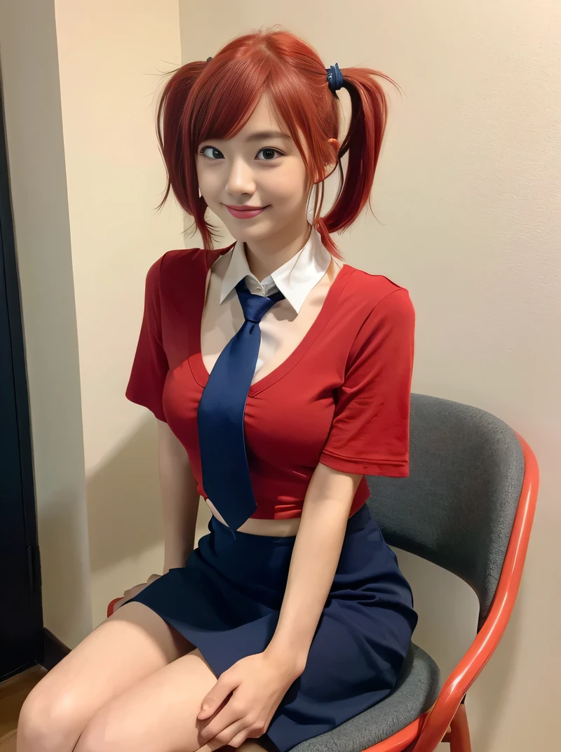 (highest quality、Red Hair、8k、32k、masterpiece、Hmph:1.2)、sexy、、Cute Japanese Women Photos、Twin tails、thin、slender、(Bobcut)、(Small Tits)、double eyelid、 Red open front shirt、Navy blue tie、You can see her underwear faintly、Red mini skirt、Thighs、Light blue wall、whole body、smile、sexy、Sitting in a chair、Thighs are visible