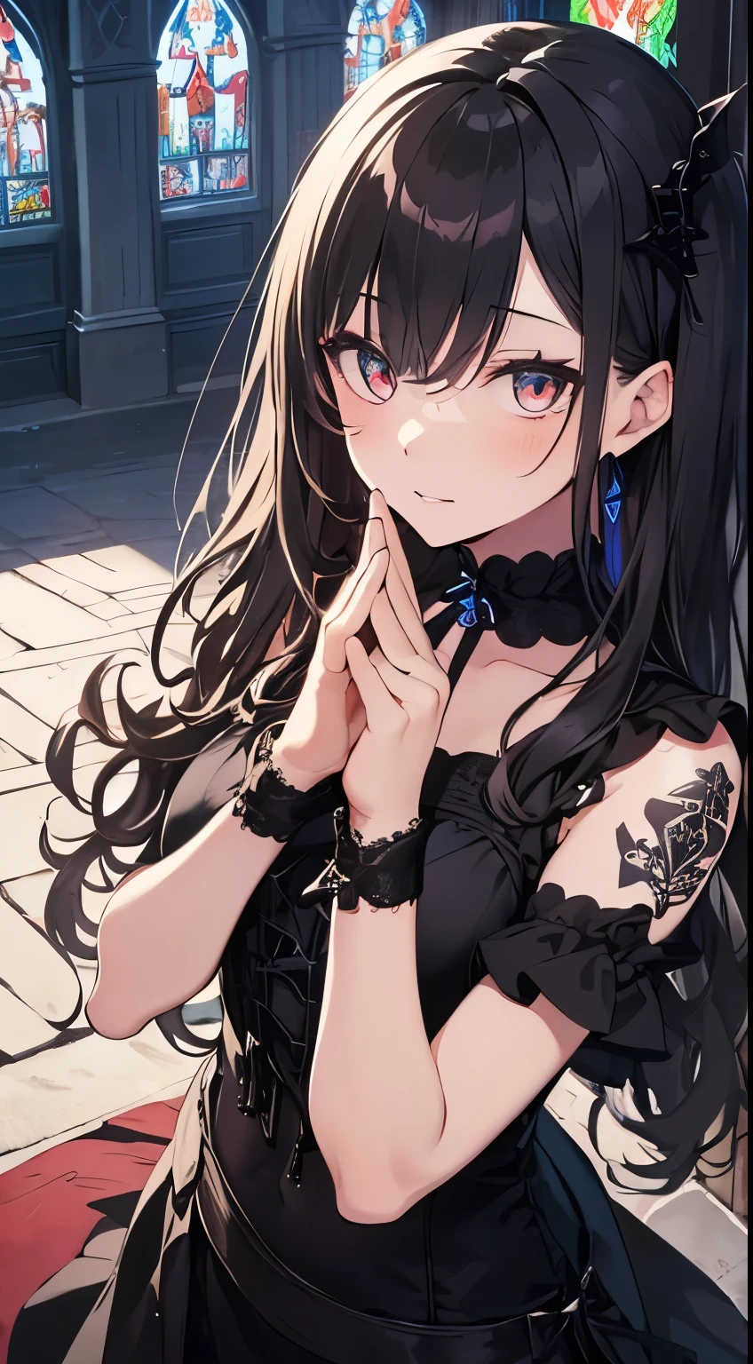 (masterpiece), (highest quality), (Super detailed), beautiful, (Cathedral), (girl1name),, girl, Long Hair, (Wavy Hair:1.5), Shiny Hair, Black Hair, , Crimson beautiful eyes,Girl in a black dress,ribbon,Race,(Gothic print:1.5),Iridescent stained glass,Place your hands in front of your face,Prayer Pose,Hysterical facial expression,Scrunchies on the wrist
