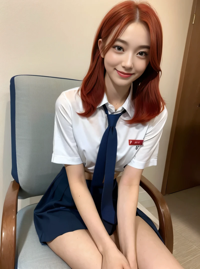 (highest quality、Red Hair、8k、32k、masterpiece、Hmph:1.2)、sexy、17 years old、Cute Japanese Women Photos、Twin tails、thin、slender、(Bobcut)、(Small Tits)、double eyelid、 Red open front shirt、Navy blue tie、You can see her underwear faintly、Red mini skirt、Thighs、Light blue wall、whole body、smile、sexy、Sitting in a chair、Thighs are visible