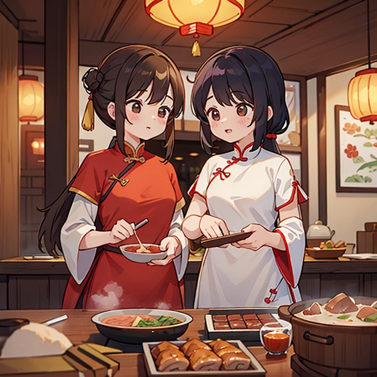 Girls in Chinese dresses cooking at a Chinese restaurant Cooking a Chinese hotpot