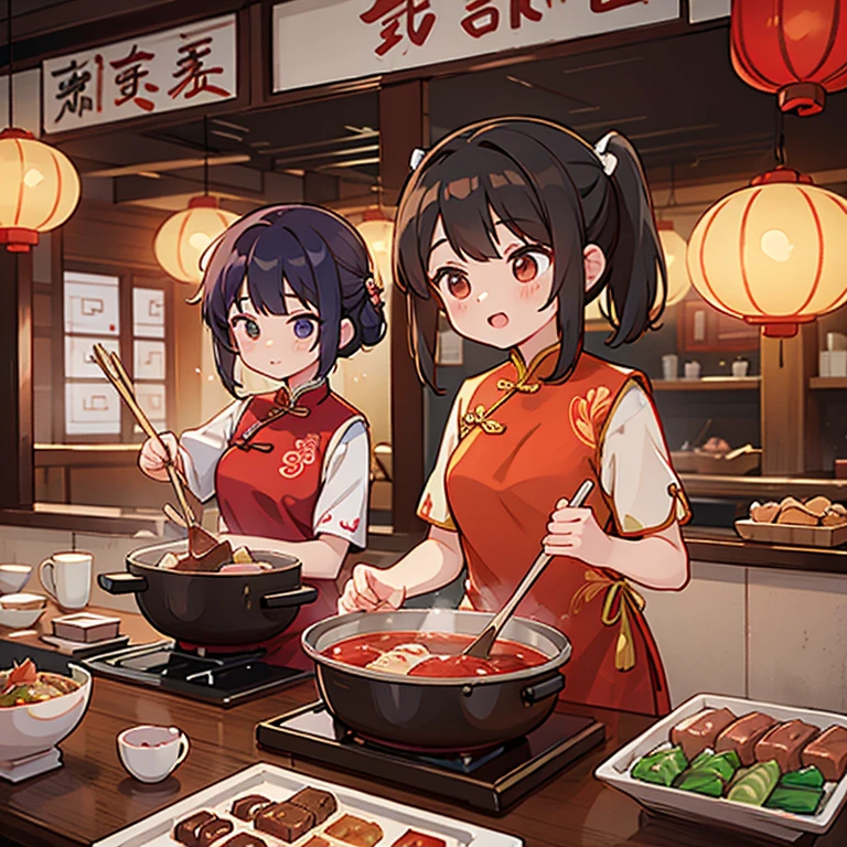 Girls in Chinese dresses cooking at a Chinese restaurant Cooking a Chinese hotpot