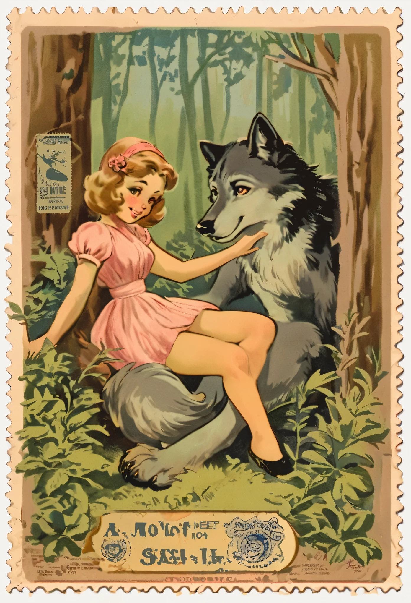ephemera, label, retro, Vintage, stamp, A girl and a wolf meet in the forest,
