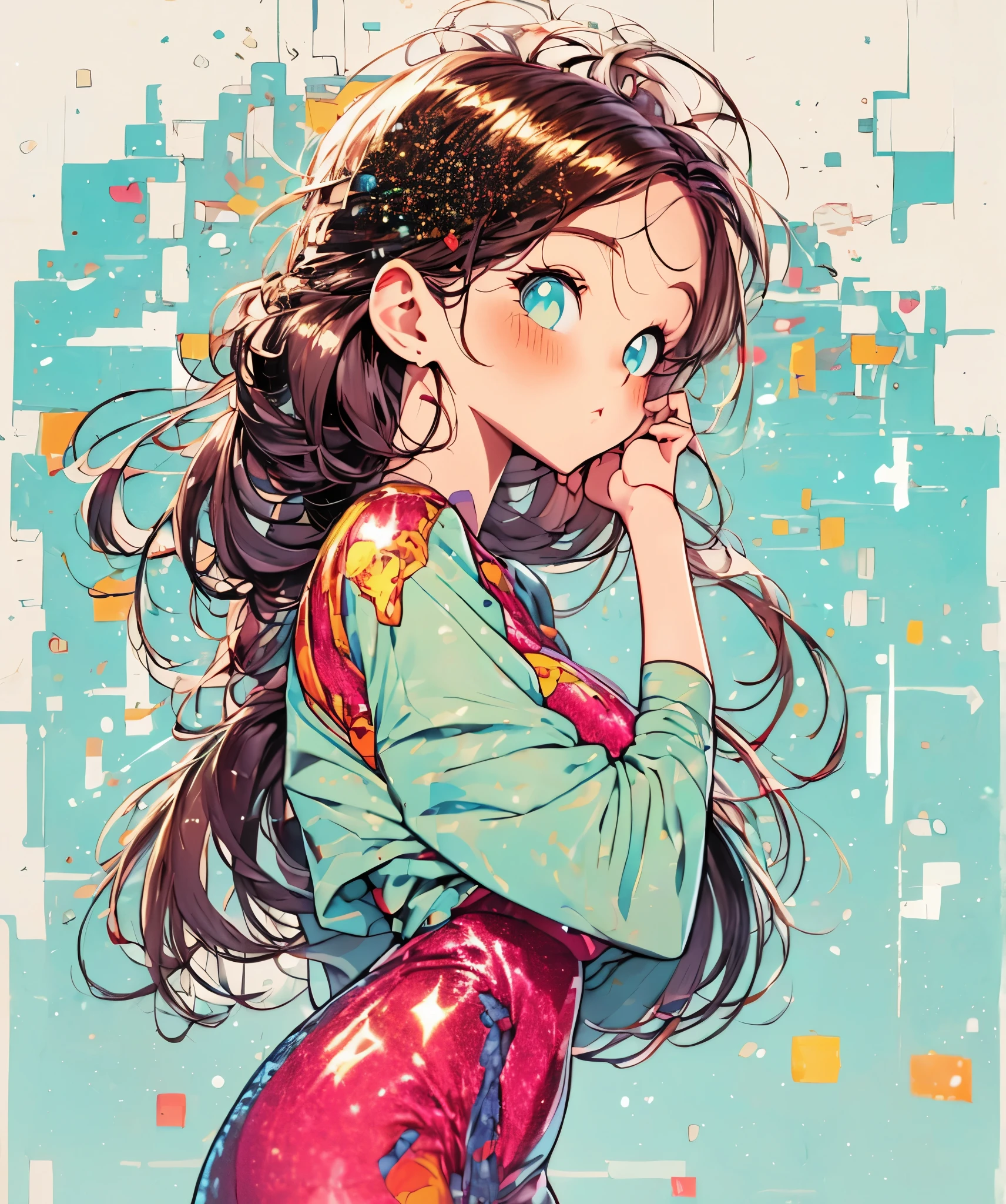 ​(risograph) simple background, upper body, ((sequin clothes)), minimalistic background