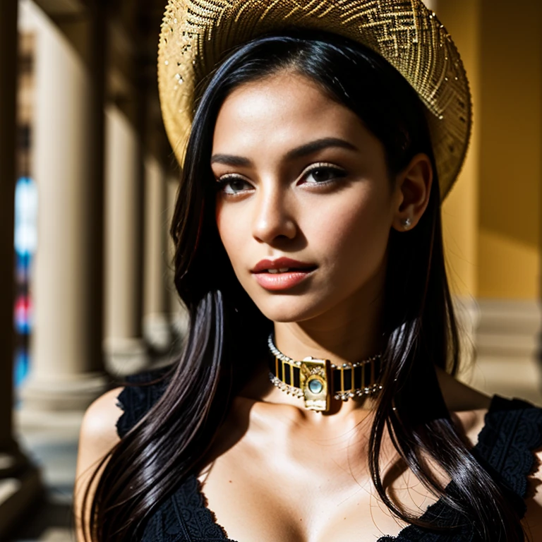 Queens of Ancient Egypt、Cleopatra、A beautiful woman、Beautifully detailed eyes、Beautifully detailed lips、Long eyelashes、Gorgeous Woman、(Cowboy Shot:1.4)、Elegant King's Pose、Sublime Beauty、Golden calf headband、White cylindrical dress、Egyptian Hieroglyphics、Exotic background、Sunset lighting、Mysterious atmosphere、Elaborate Jewelry、(Complex eye makeup:1.5)、Gorgeous golden throne、Elaborate head dress、ancient egyptian symbols、Desert Background、(Sphinx、pyramid:1.5)、Dramatic Shadows、Detailed facial features、Bright colors彩、Luxurious fabrics、Historical accuracy、Clever Construction、Majestic Aura、Mysterious charm、Shining Beauty、Excellent craftsmanship、Rich texture、Decorative accessories、Exquisite environment、Royal Confidence、Theatrical presence、Captivating Gaze、Seductive attitude、Captivating Charm、Delicate hand gestures、A noble crown、Luxurious ornamentythological references、Symbolic Representations、Dignified elegance。 (highest quality、4K、High resolution、masterpiece:1.2)、Super detailed、(Real、Photorealistic、Photorealistic:1.37)、Bright colors、Professional Lighting、Sharp focus、Crisp details