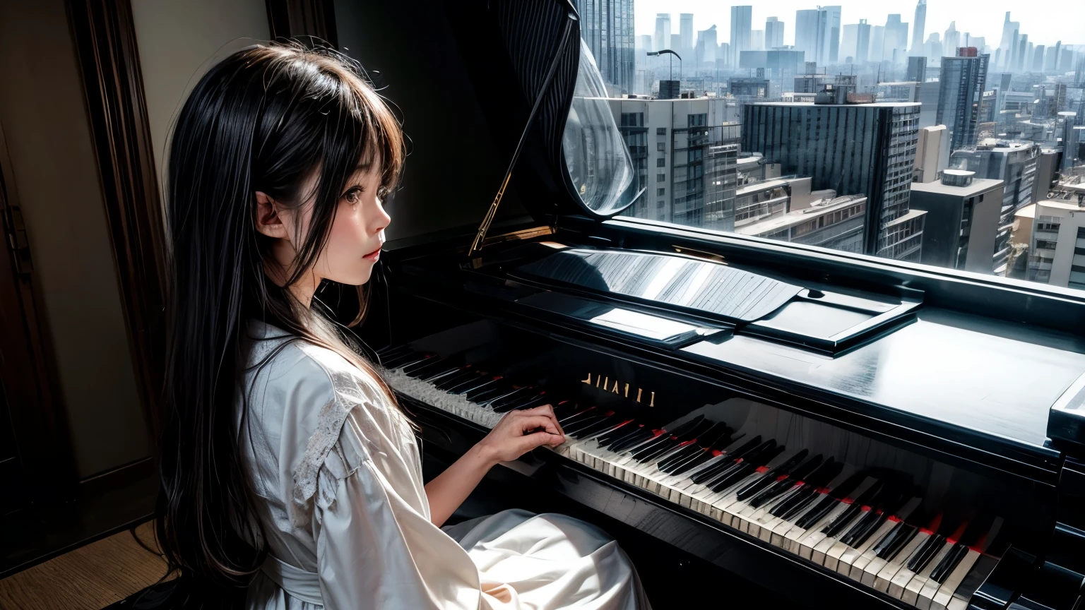 In this highly detailed black-and-white photograph, a 17-year-old Japanese woman sits at a piano. She is wearing a thin, white, summer dress with a lot of lace material. Behind her is a black grand piano. There is a window at the back of the screen. The room she is in is on a higher level of a high-rise building, and behind the window is a view of central Tokyo. The scene is of an early summer afternoon.