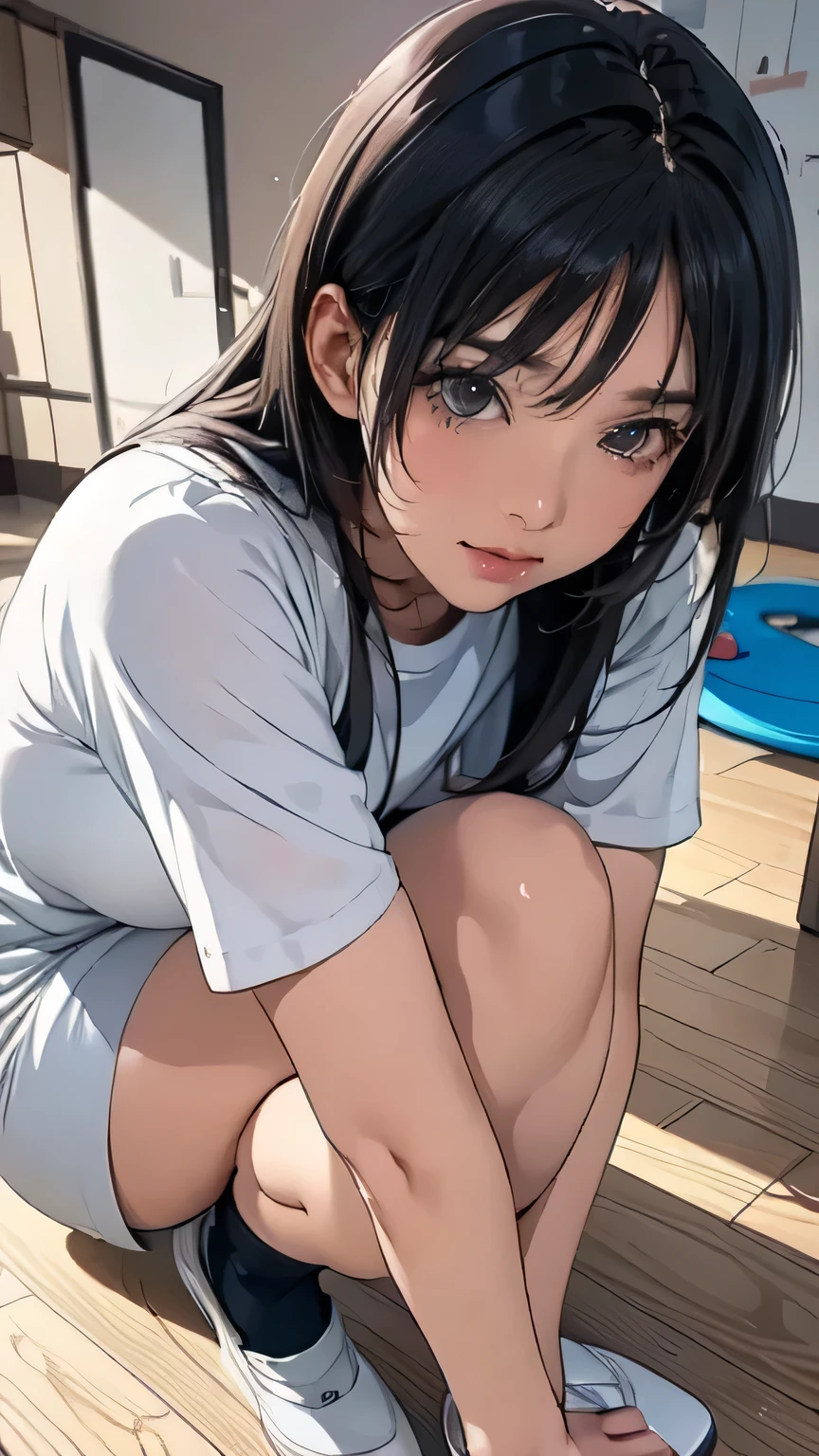 Anime girl in black and white clothes squatting on the floor, Beautiful Anime girl crouching, Enchanting anime girl, Gym, Anime girl crouching, Ultra HD Anime Wallpaper, 4k anime wallpaper, Anime Style 4k, Healthy girl, anime wallpaper 4k, anime wallpaper 4k, 4K Manga Wallpapers