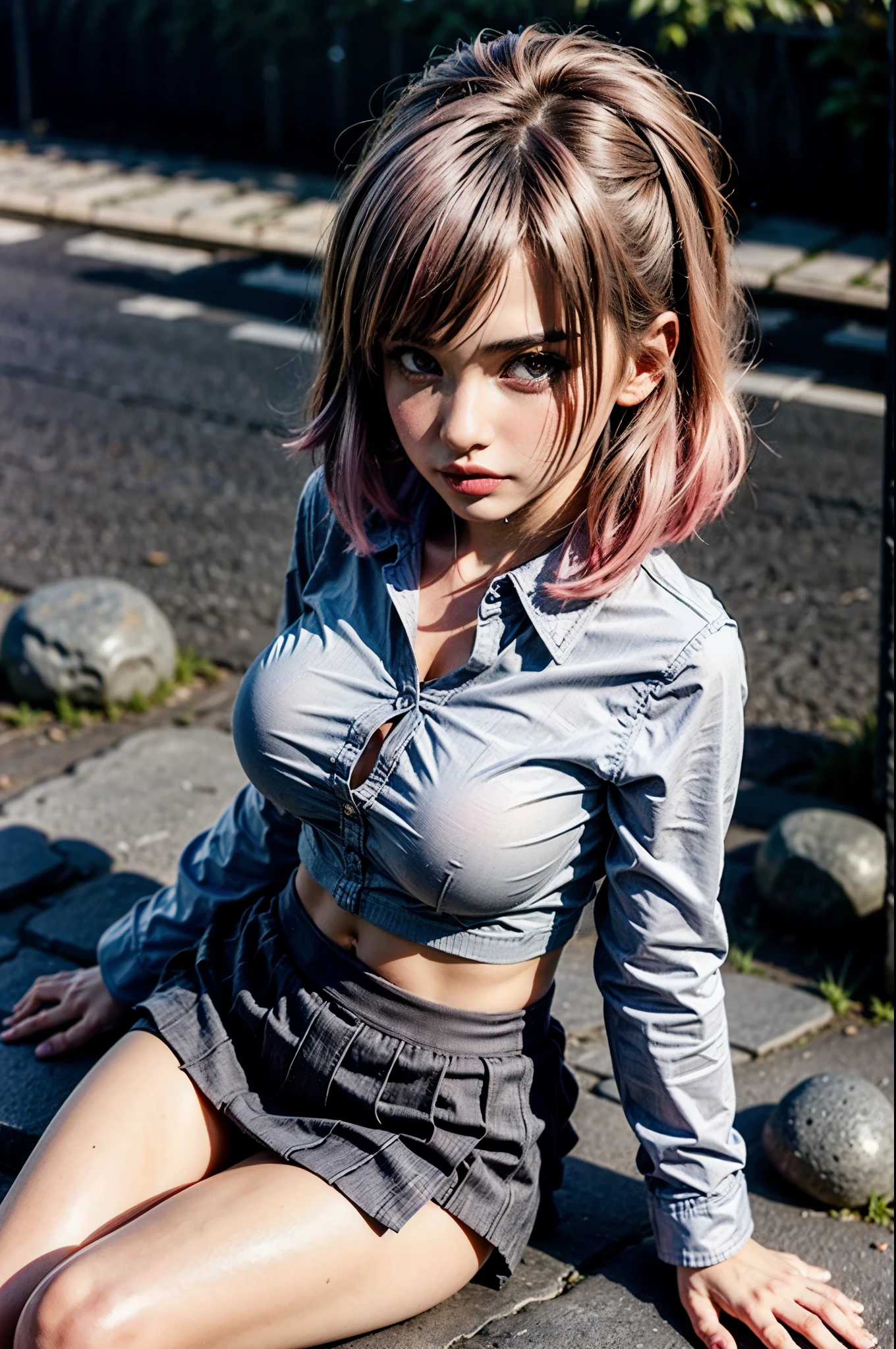 bright pink hair, sexy girl, (18 years old), bob haircut, (ultra quality: 1.3), (best quality: 1.5), (UHD, 8K wallpaper), (High resolution), (eyes with beautiful details: 1.3), anatomically correct, perfect body, perfect hands, (Sit on stone structure: 1.5), (unbuttoned school uniform: 1.3), (miniskirt: 1.5), (city street: 1.5), (navel visible), (unbuttoned shirt: 1.3)