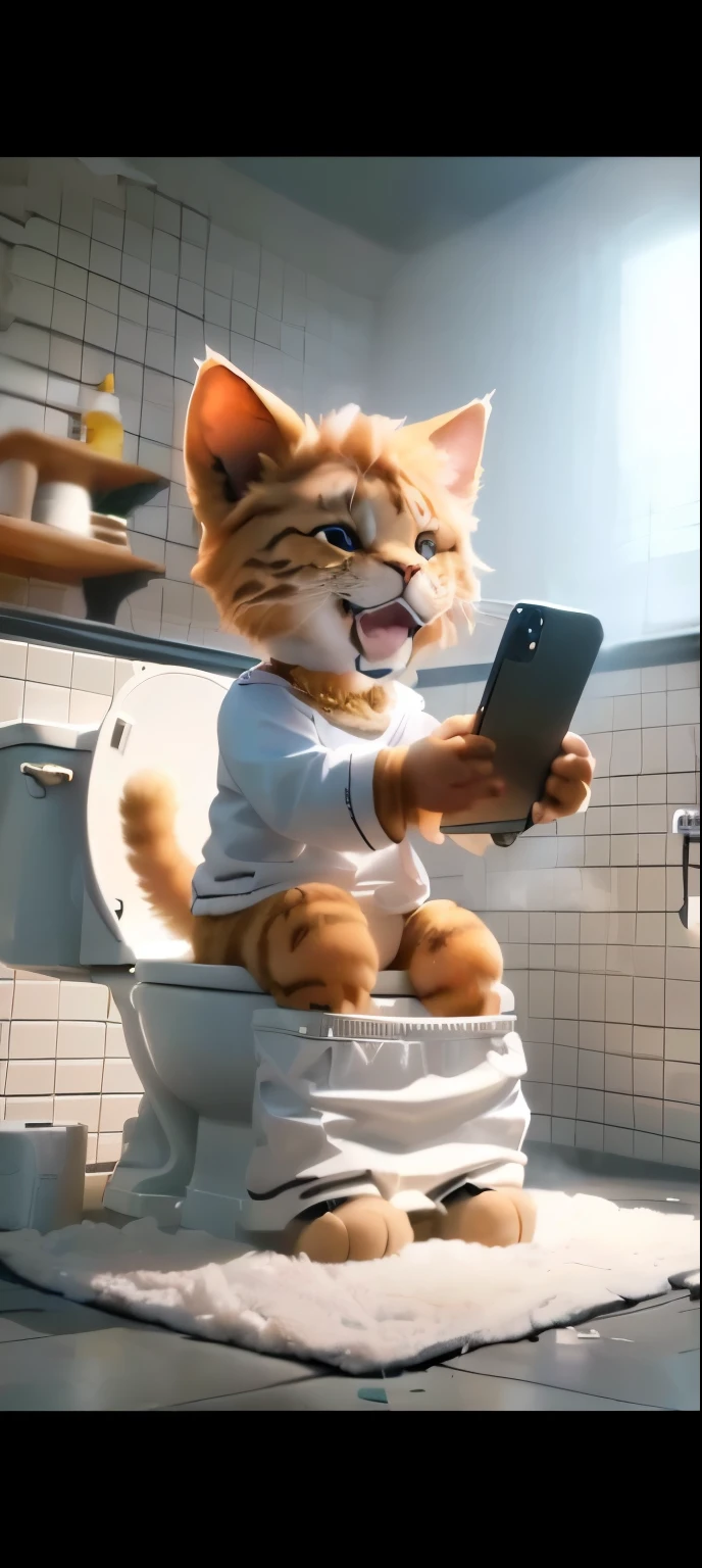 there is a lion boy that is sitting on a toilet with a cell phone, hyperrealistic cgi, siting on a toilet, amazing cgi, gaming toilet, 🐋 as 🐘 as 🤖 as 👽 as 🐳, garfield the little lion boy, funny illustration, funny little lion boy, ultra realistic picture, ( ultra realistic, new cats movie, ultra realistic illustration, realistic cgi