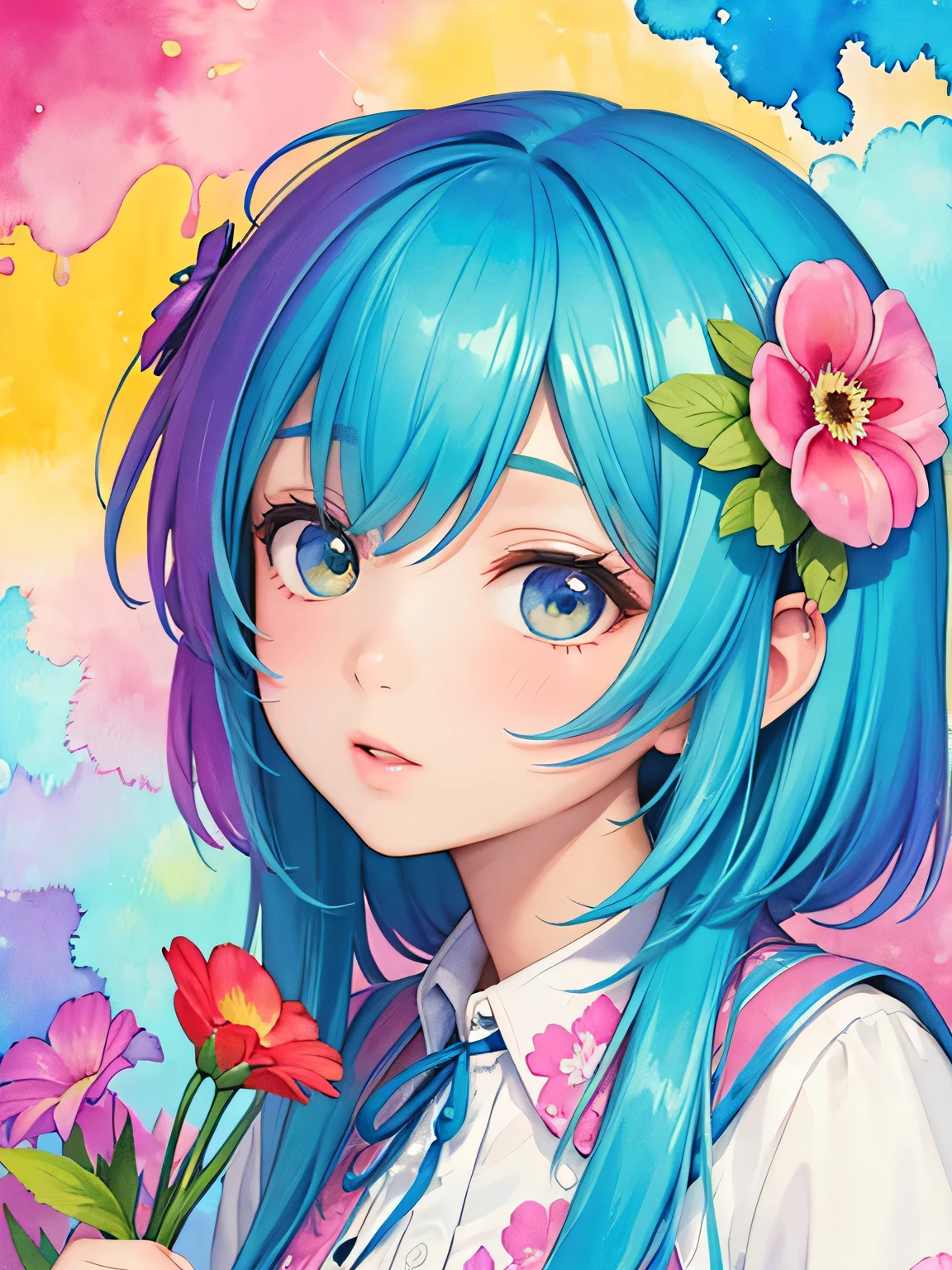 Masayo style、8K Quality、Intense watercolor, Detailed watercolor art, Watercolor splash, Surreal, avant-garde pop art, Beautiful and expressive paintings, Beautiful artwork illustration, Very colorful tones, wonderful, Cool beauty, highest quality、Official Art, Vector art, Stylish design, (((The most beautiful girl))), (((highest quality))), HDR, ((detailed)), (((Doodle Art)), ((masterpiece)), ((Super detailed)), (((Colorful flowers))),(((Stylish))),