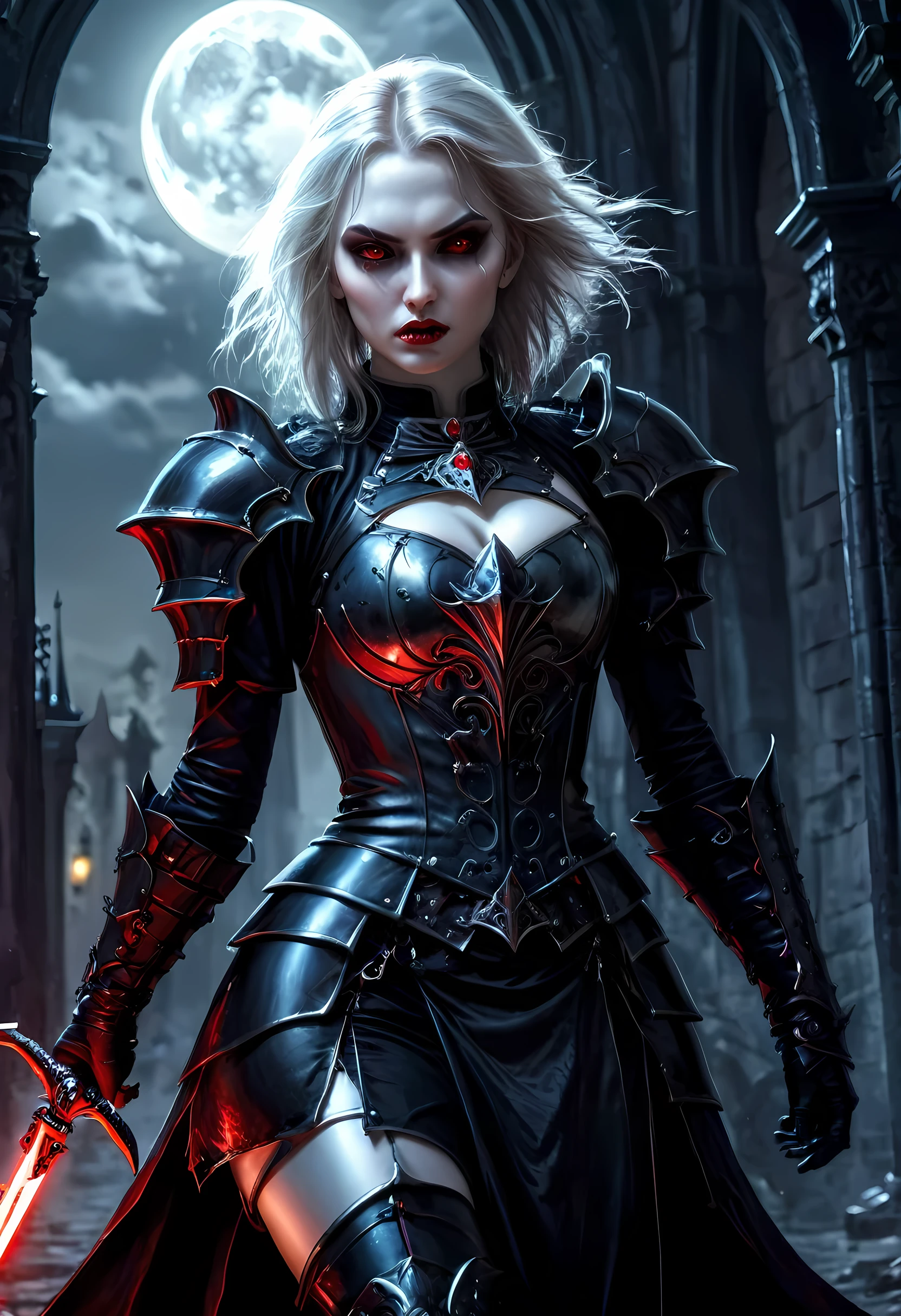Arafed, dark fantasy art, gothic art, a picturק of a vampire ready for battle, female vampire, armed with a sword, wearing heavy armor , armed with a sword, shining sword, ultra detailed face (intricate detailed, Masterpiece, best quality: 1.4), pale skin, glowing eyes, red eyes, ultra feminine, pale skin, dynamic hair, dark fantasy urban street (intricate detailed, Masterpiece, best quality: 1.4), moon light, star light, clouds, armored_dress, NecromancyAI