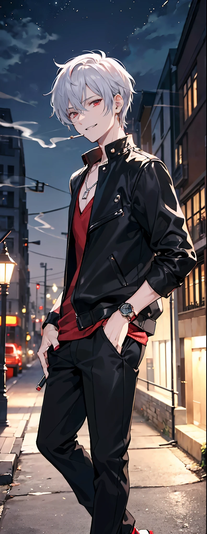 High resolution, high resolution,2D Anime Style,,Cool guy,Mature look,,20th Generation,Short Hair,Silver Hair,Red eyes,Beautiful watch,Beautiful earrings,Beautiful necklace,Dark Street Fashion,Black jacket,Long pants,He is smiling a little,night,walking,Put your hands in your pockets,Smoking a cigarette,Holding a cigarette