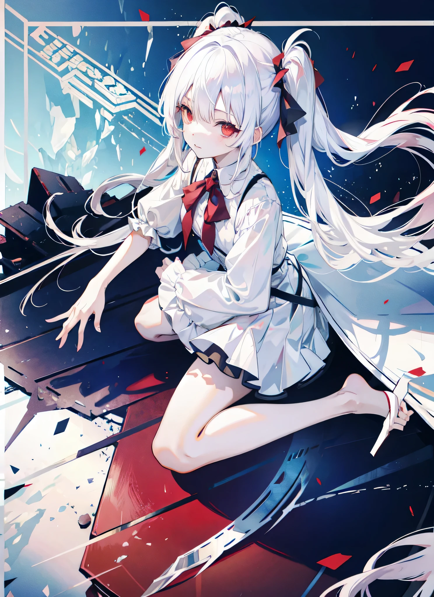white hair, red eyes,, cloudy sky, full body, grass,looking at viewer, wariza, twintails,front,silver hair, sit,