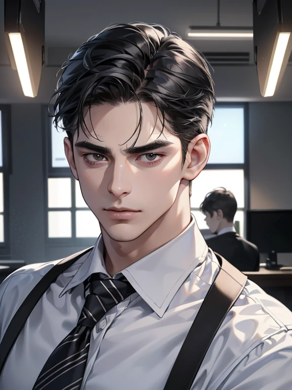 (best quality, masterpiece, 8K, photorealistic, cinematic lighting, hdr image, ultra detailed, beautiful image), 1 man, 31 years old, mature man, very handsome, (without expression, serious), short black hair, black eyes ( penetrating gaze), imposing posture, businessman, office background