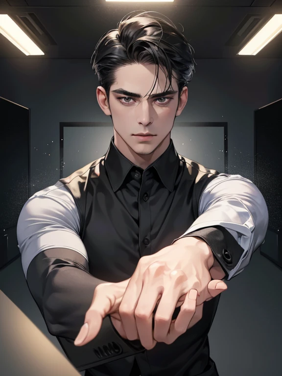 (best quality, masterpiece, 8K, photorealistic, cinematic lighting, hdr image, ultra detailed, beautiful image), 1 man, 31 years old, mature man, very handsome, (without expression, serious), short black hair, black eyes ( penetrating gaze), imposing posture, businessman, office background