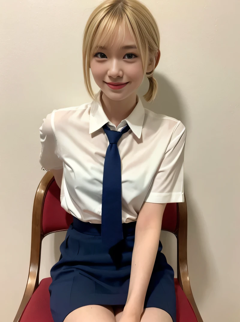 (highest quality、Blonde、8k、32k、masterpiece、Hmph:1.2)、sexy、16 years old、Cute Japanese Women Photos、Twin tails、thin、slender、(Bobcut)、(Small Tits)、double eyelid、 Red open front shirt、Navy blue tie、You can see her underwear faintly、Red mini skirt、Thighs、Light blue wall、whole body、smile、sexy、Sitting in a chair、Thighs are visible