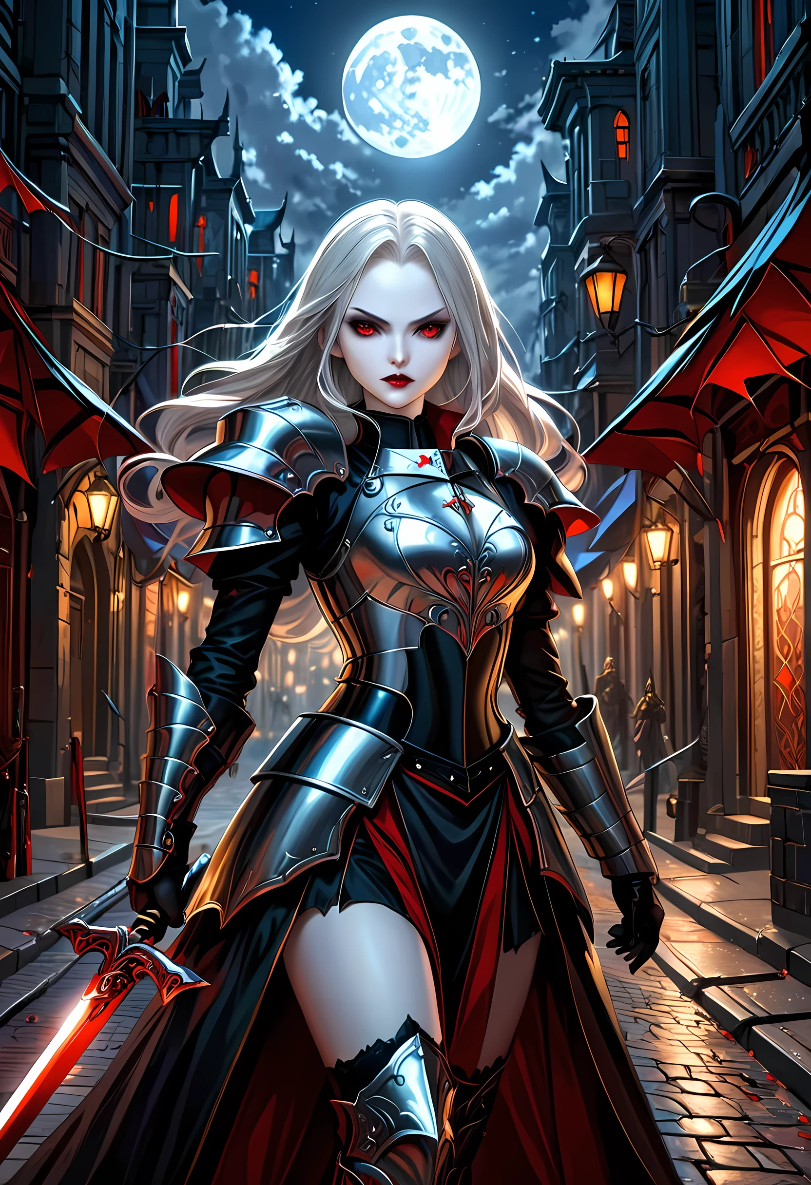 Arafed, dark fantasy art, gothic art, a picturק of a vampire ready for battle, female vampire, armed with a sword, wearing heavy armor , armed with a sword, shining sword, ultra detailed face (intricate detailed, Masterpiece, best quality: 1.4), pale skin, glowing eyes, red eyes, ultra feminine, pale skin, dynamic hair, dark fantasy urban street (intricate detailed, Masterpiece, best quality: 1.4), moon light, star light, clouds, armored_dress, watercolor