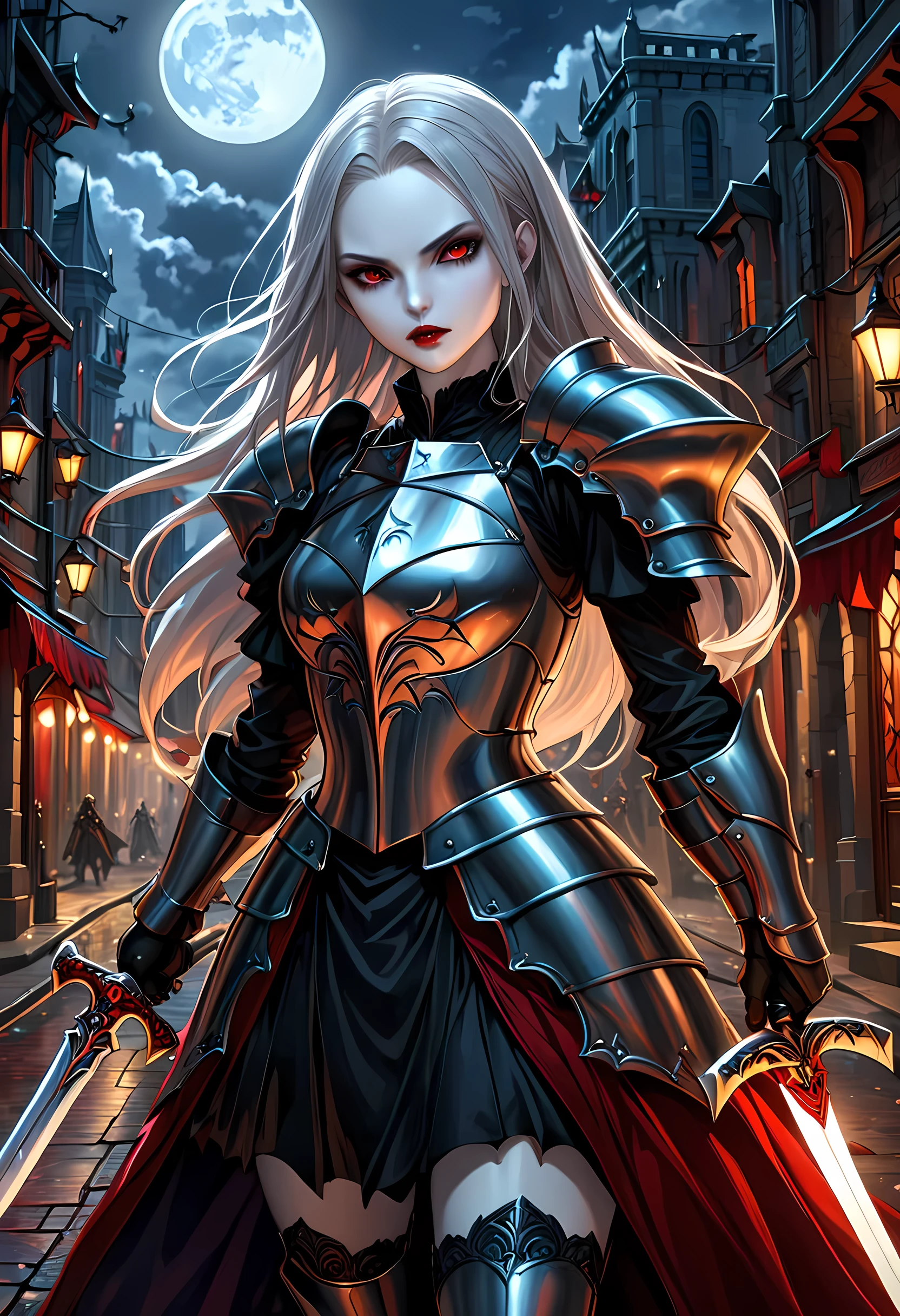 Arafed, dark fantasy art, gothic art, a picturק of a vampire ready for battle, female vampire, armed with a sword, wearing heavy armor , armed with a sword, shining sword, ultra detailed face (intricate detailed, Masterpiece, best quality: 1.4), pale skin, glowing eyes, red eyes, ultra feminine, pale skin, dynamic hair, dark fantasy urban street (intricate detailed, Masterpiece, best quality: 1.4), moon light, star light, clouds, armored_dress