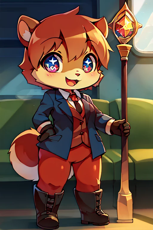 boy, squirrel, furry, bodyfur, blazer, bottomless, color tights, gloves, boots, chibi, happy, sparkling eyes, train, train staff