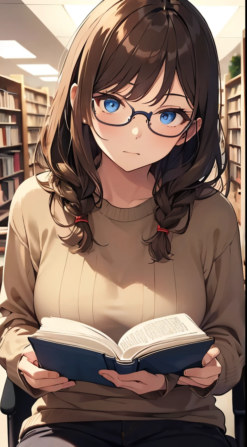 Masterpiece, Top Quality, Superfine, Beautiful, Dignified Young Lady, Thinking, Distressed, Serious Eyes, Sitting, Medium Hair, Brown Hair, Blue Eyes, Sweater, Round Glasses, 20 Years Old, Reading, Holding Book With Both Hands, Desk, library, braided, medium hair