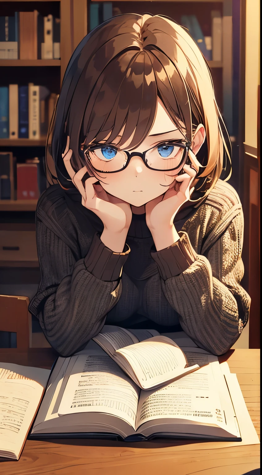 Anime girl with glasses reading a book in a library - SeaArt AI