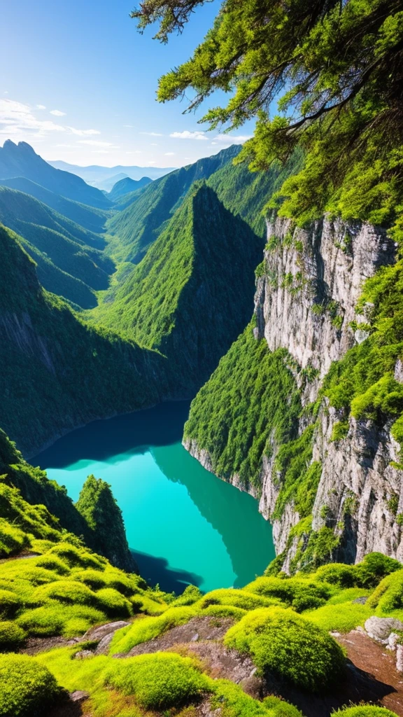 Masterpiece of an open landscape, devoid of humans, showcasing best quality CG Unity 8k graphics. Witness the harmony of mountains and valleys, shimmering water, and towering trees under a vast blue sky. Clouds dance above, adding intrigue with a touch of drama. Observe the detailed texture of moss-covered cliffs and the tranquility of a crystal-clear lake. Highly detailed, this captivating scene transports you to a world of breathtaking natural beauty. Award-winning photographers would be proud, as this image is filled with hip depth of field, radiant HDR, and the delicate beauty of blossoming flowers. Up close,