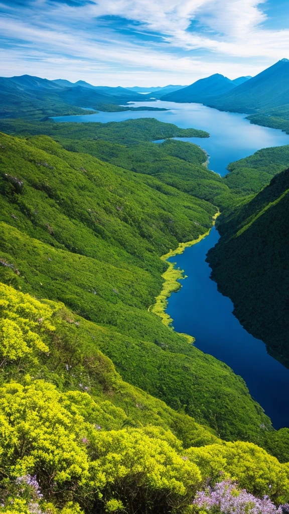 Masterpiece of an open landscape, devoid of humans, showcasing best quality CG Unity 8k graphics. Witness the harmony of mountains and valleys, shimmering water, and towering trees under a vast blue sky. Clouds dance above, adding intrigue with a touch of drama. Observe the detailed texture of moss-covered cliffs and the tranquility of a crystal-clear lake. Highly detailed, this captivating scene transports you to a world of breathtaking natural beauty. Award-winning photographers would be proud, as this image is filled with hip depth of field, radiant HDR, and the delicate beauty of blossoming flowers. Up close,