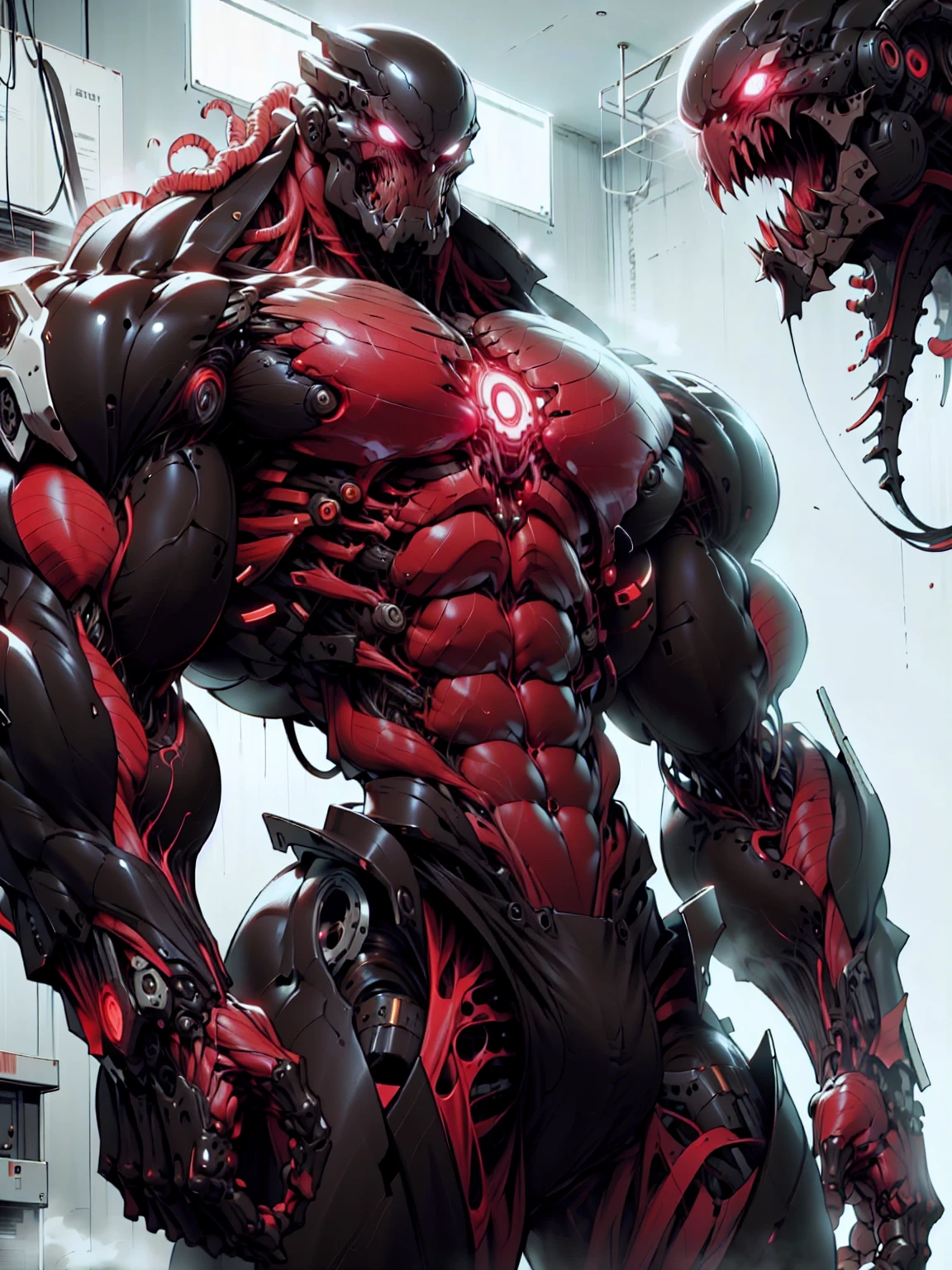 (1 girl), (cara delevingne), (muscular android girl wearing a black anatomic cybernetic muscle suit:1.25), (wide shoulders:1.25), (muscular defined physique:1.25), perfect hands, long hair, large breasts, high resolution image, extreme detail, blank background