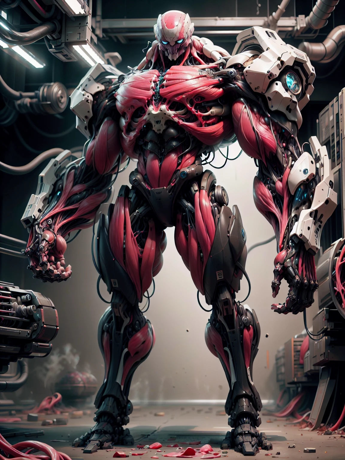 (1 girl), (cara delevingne), (muscular android girl wearing a black anatomic cybernetic muscle suit:1.25), (wide shoulders:1.25), (muscular defined physique:1.25), perfect hands, long hair, large breasts, high resolution image, extreme detail, blank background